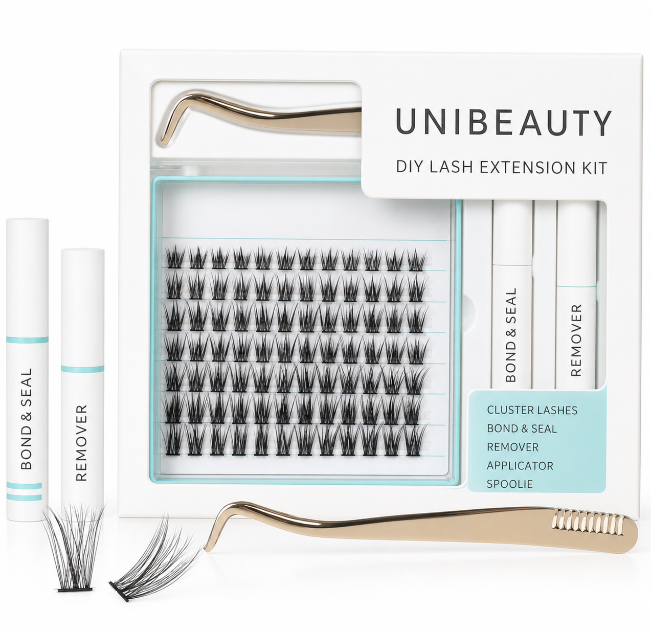 UNIBEAUTY complete DIY cluster lash kit with cluster tray, application tubes, applicator and spoolie