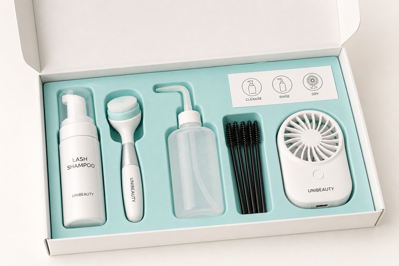 UNIBEAUTY lash aftercare kit with foaming shampoo, brush, wash bottle, spoolies and optional mini fan