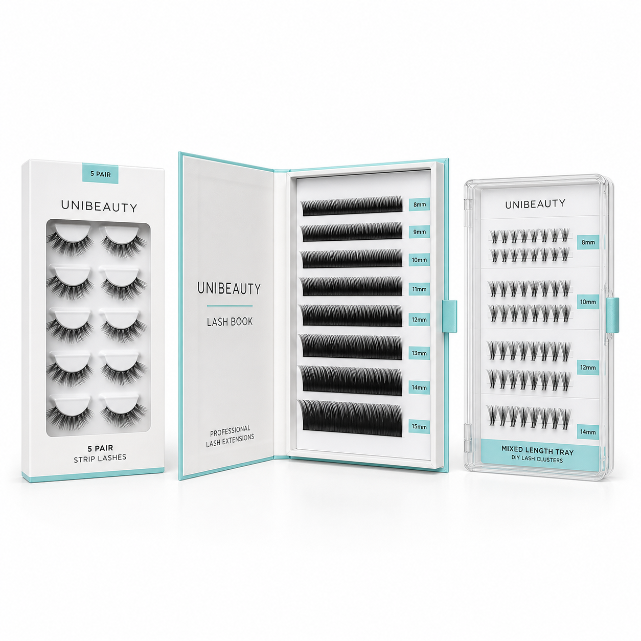 UNIBEAUTY five-pair strip lash box, professional extension lash book and mixed-length cluster tray shown as separate packaging formats