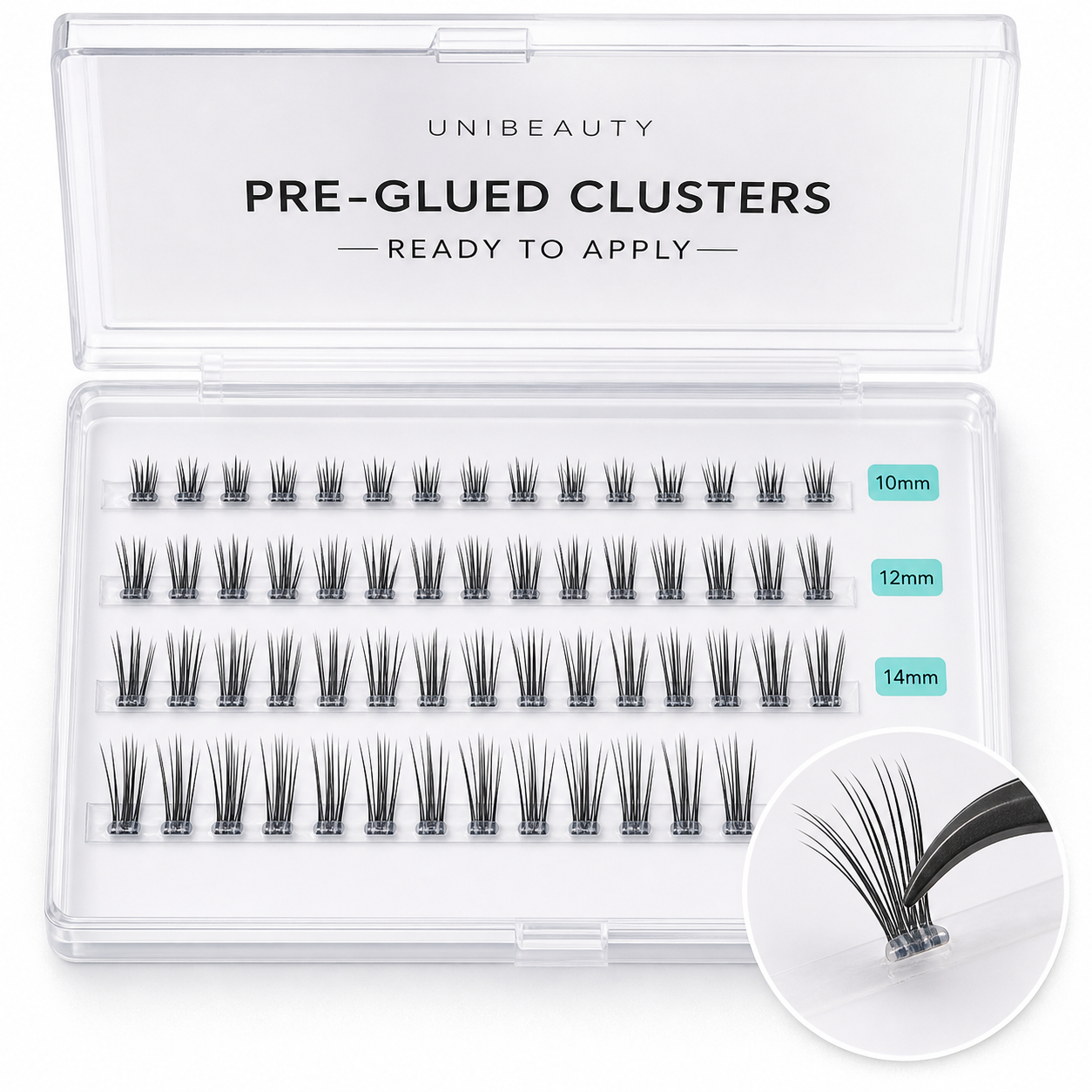 UNIBEAUTY pre-glued lash clusters with visible clear adhesive cushions, formed release tray and pickup macro