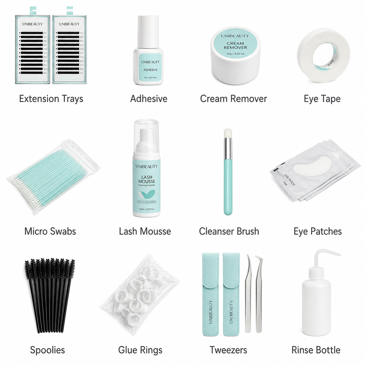 UNIBEAUTY professional lash accessories matrix with trays, adhesive, remover, tape, swabs, cleanser, pads, spoolies, rings, tweezers and wash bottle