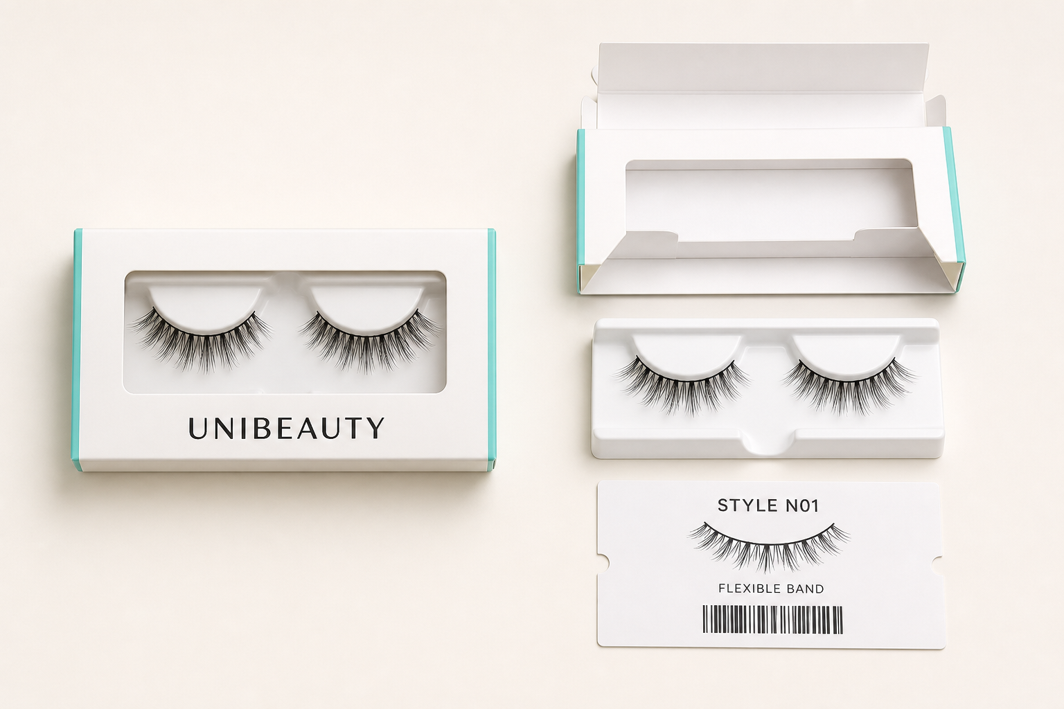 UNIBEAUTY single-pair lash box development visualization with product tray and style card