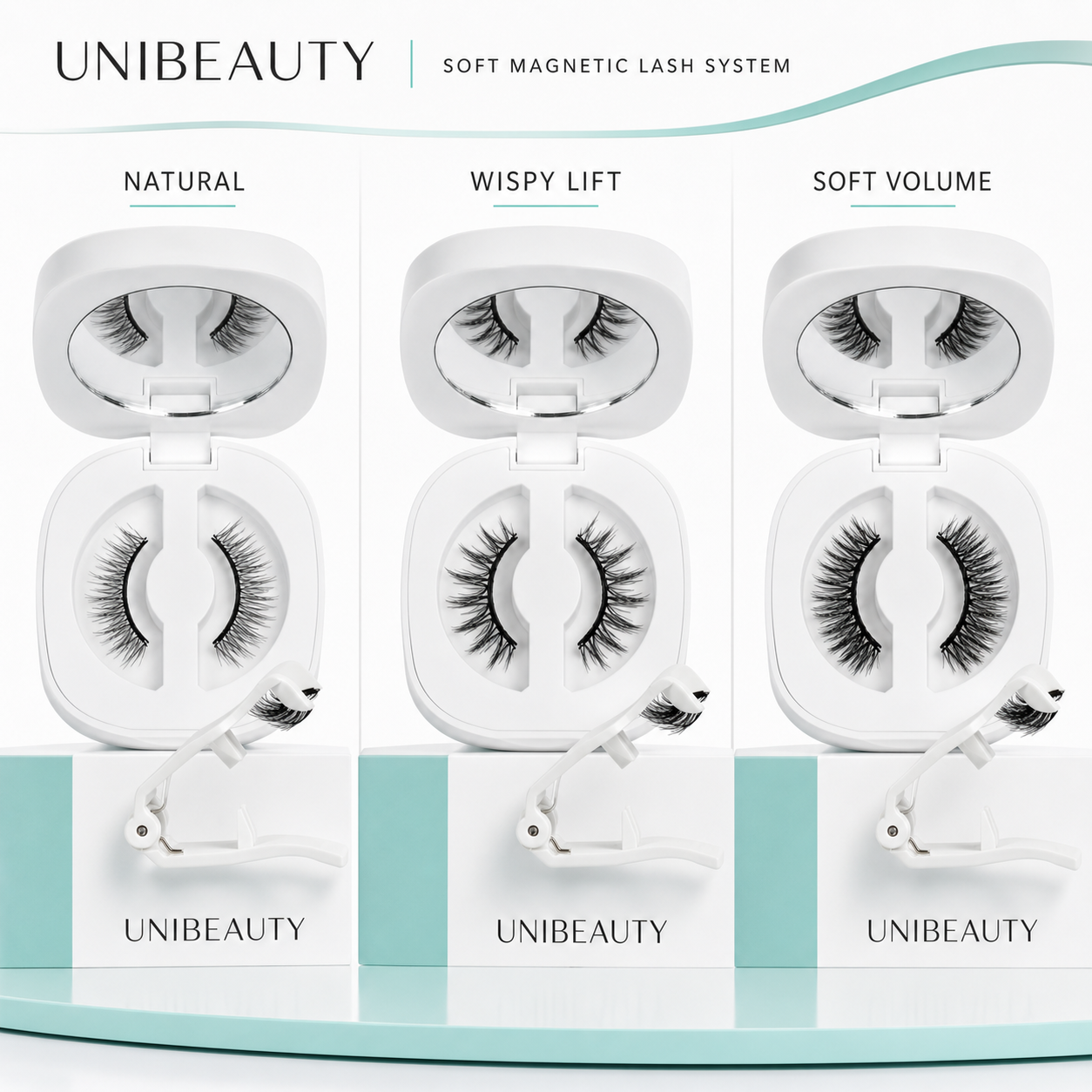 UNIBEAUTY natural, wispy-lift and soft-volume magnetic lash style comparison with continuous flexible bands and directional applicators