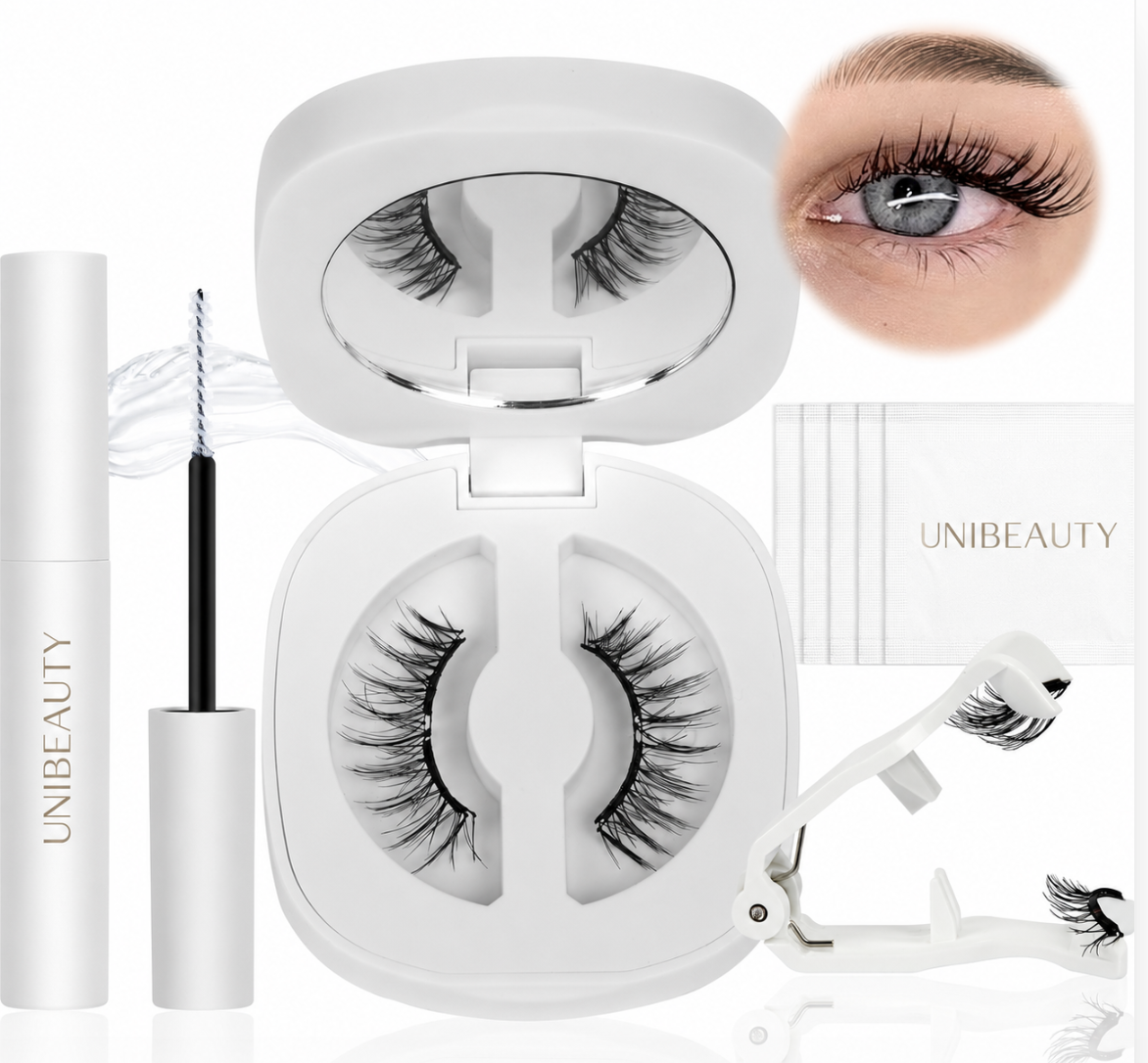 UNIBEAUTY soft magnetic lash compact with visible continuous flexible bands, mirror and directional applicator