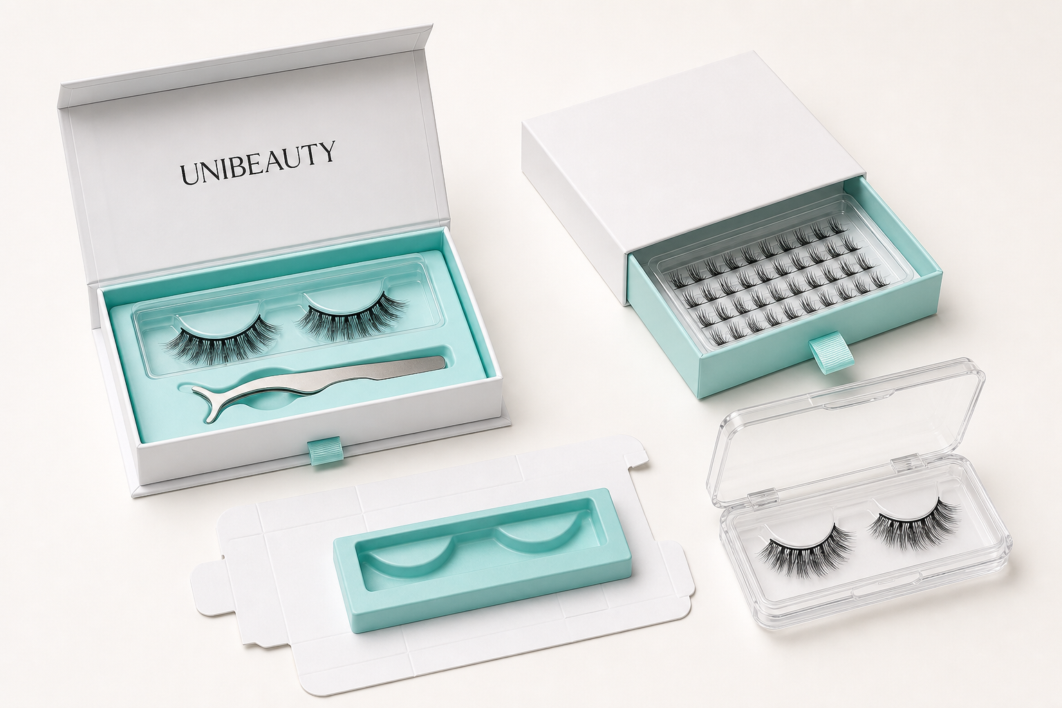 UNIBEAUTY development visualization of rigid, drawer, acrylic and formed-insert lash packaging structures