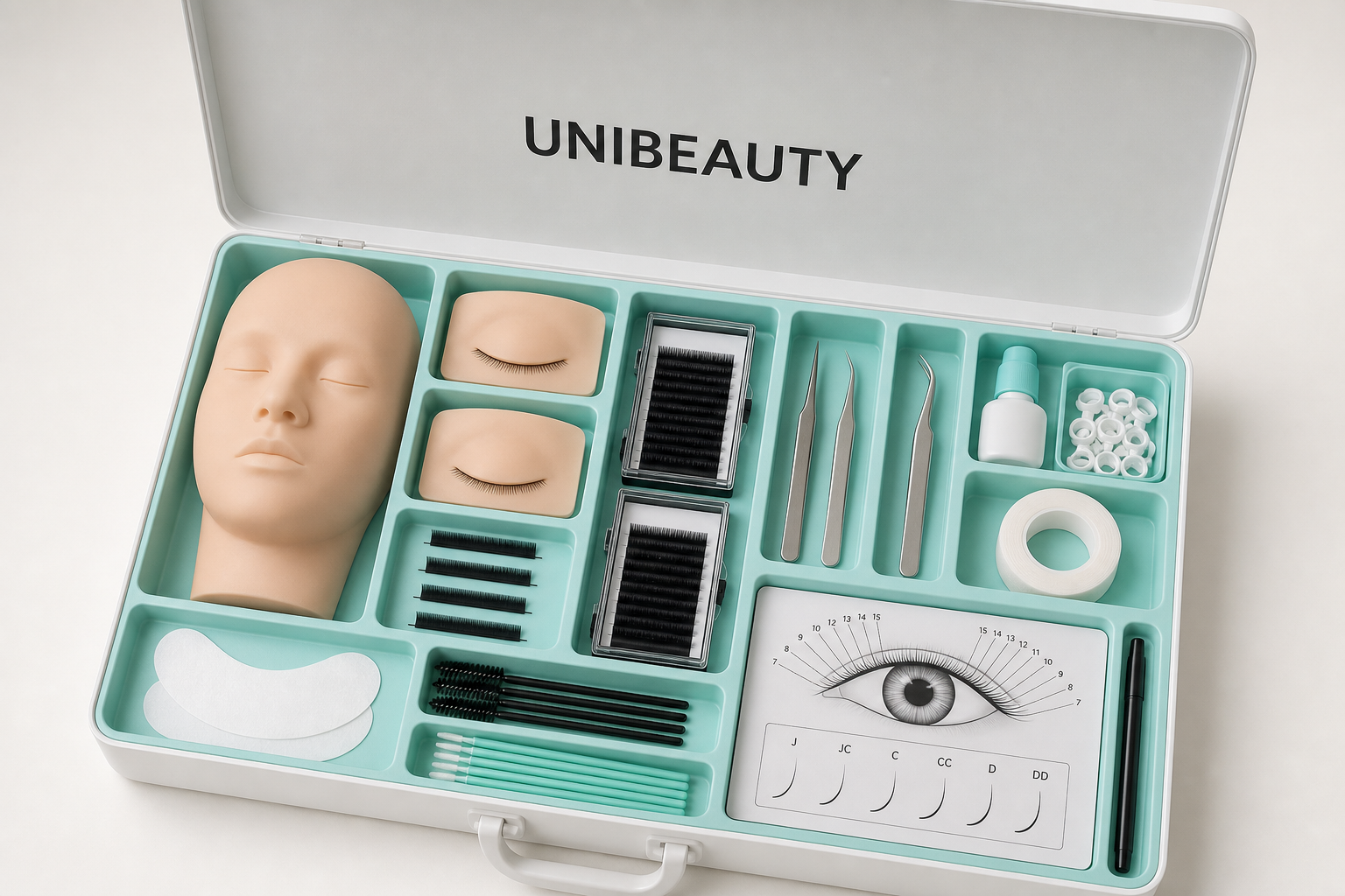 UNIBEAUTY eyelash extension training practice kit with mannequin head, practice eyelids, trays, tweezers and mapping sheet