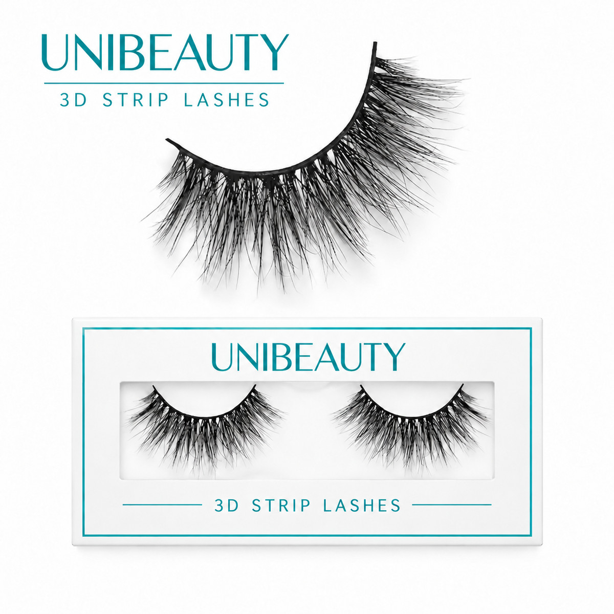 UNIBEAUTY 3D strip lash and single-pair window-box presentation
