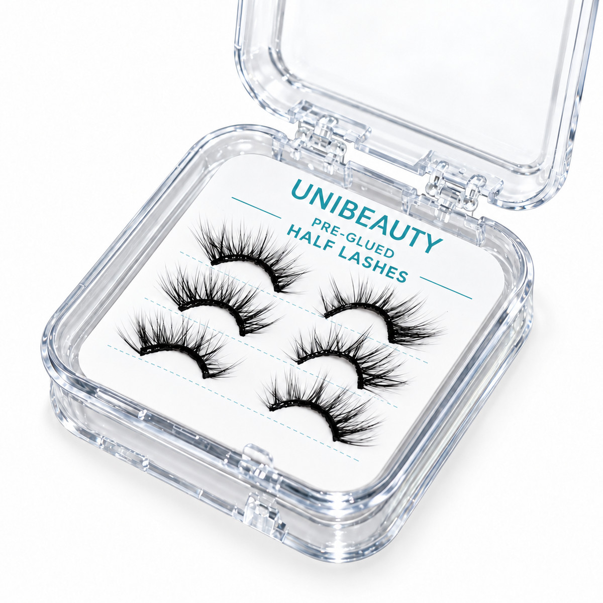UNIBEAUTY pre-glued half strip lashes in a clear compact